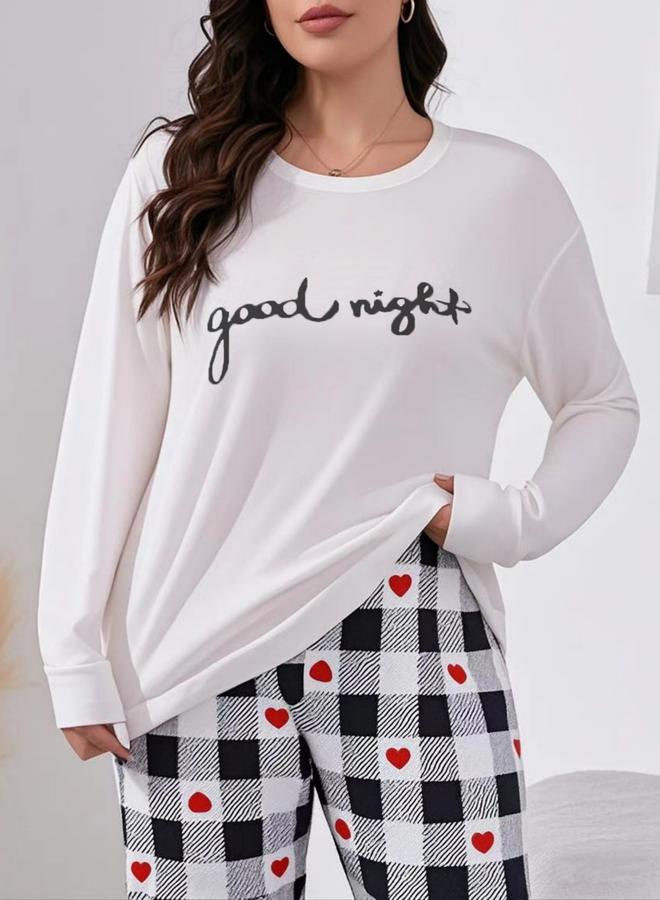 Take Two Slogan Printed Long Sleeve Top and Checked Pyjama Set - Image 2